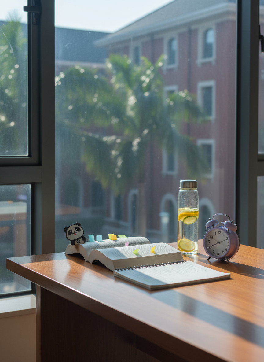 An early-morning study nook in XMU’s library, focusing on a single wooden table near a large floor-to-ceiling window. On the table, an open textbook bristling with pastel sticky flags sits beside a neatly highlighted notebook, a small lavender-colored alarm clock, and a clear water bottle with tiny citrus slices floating inside. Outside the window, palm trees and red-brick academic buildings appear softly out of focus. Pale blue morning light streams in, casting cool, gentle shadows and subtle reflections on the table’s varnished surface. The atmosphere is quiet yet optimistic, with a playful touch from a cartoon panda bookmark peeking from the book. Photographic realism, shot from a side angle using the rule of thirds, with a shallow depth of field emphasizing the study materials.