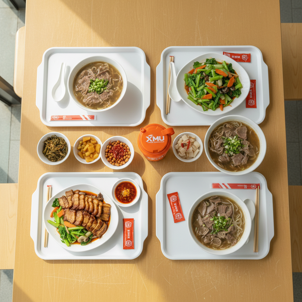 An overhead photographic view of a cafeteria table on Xiamen University’s campus, covered with a vibrant assortment of local dishes served on simple white trays. Bowls of steaming noodle soup, colorful stir-fried vegetables, glossy braised meat, and neatly arranged side dishes sit next to a bright orange reusable cup with an XMU logo. The smooth laminate tabletop has faint scratches that hint at daily student life. Diffused midday light from large windows creates even illumination with gentle highlights on the glossy food surfaces. The mood is lively and appetizing, with a playful arrangement of chopsticks and sauce packets forming subtle patterns, captured in crisp detail with sharp focus throughout the frame.