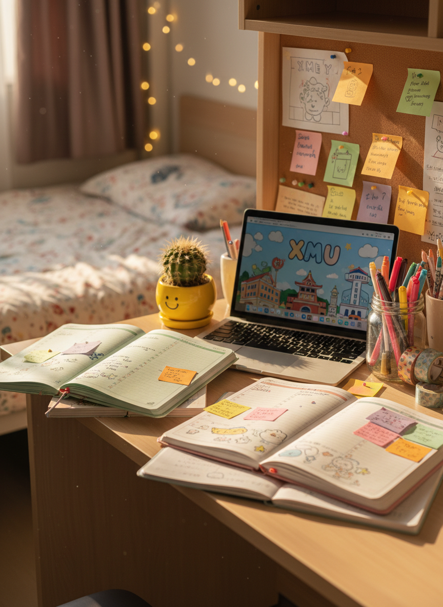 A cheerful dorm room desk at XMU, tightly framed, with a light wood surface cluttered in a charming way: open pastel-colored planners, sticky notes with doodles, a small cactus in a bright yellow pot, and a laptop displaying a playful XMU-themed wallpaper. Next to it, a clear jar overflows with multicolored pens and washi tapes. Warm afternoon sunlight pours in from an unseen window, casting soft, elongated shadows and highlighting the textures of paper and wood. The atmosphere feels playful, cozy, and creative. Shot from a slightly elevated angle in photographic realism, with a shallow depth of field that keeps the desk objects in crisp focus while the dorm bed and fairy lights in the background blur into soft bokeh.