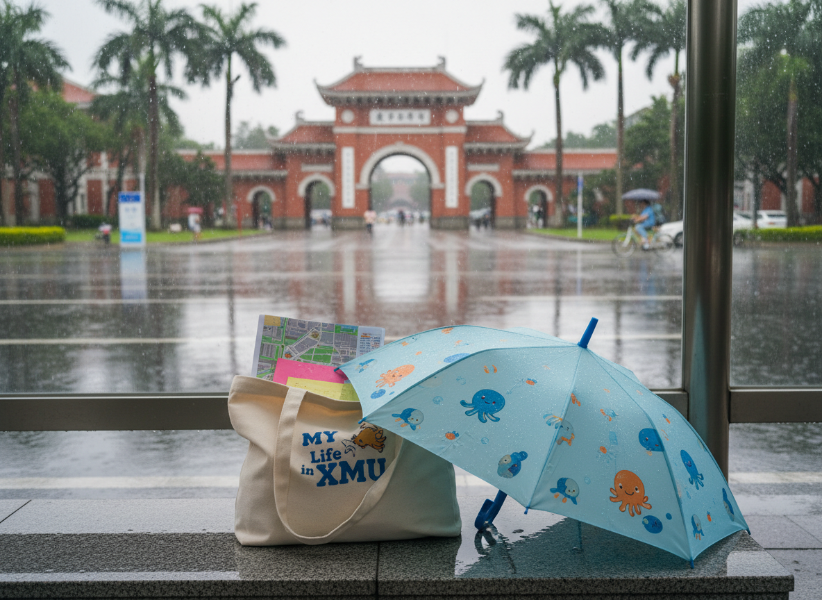 A rainy day scene at Xiamen University’s iconic entrance, viewed from under the shelter of a bus stop. In the foreground, a vibrant sky-blue umbrella with tiny cartoon sea-creature patterns lies folded on a wet stone bench, with droplets beading on its fabric. Beside it, a transparent plastic folder stuffed with color-coded notes and a campus map peeks out of a canvas tote bag printed with a playful “MY Life in XMU” logo. The polished pavement outside glistens with reflections of the red-brick archway and palm trees. Soft, overcast daylight diffuses through the drizzle, creating a calm, cozy atmosphere. Photographic realism, captured at eye level with a moderate depth of field, keeping the foreground crisp while the iconic gate and passing bicycles blur gently.