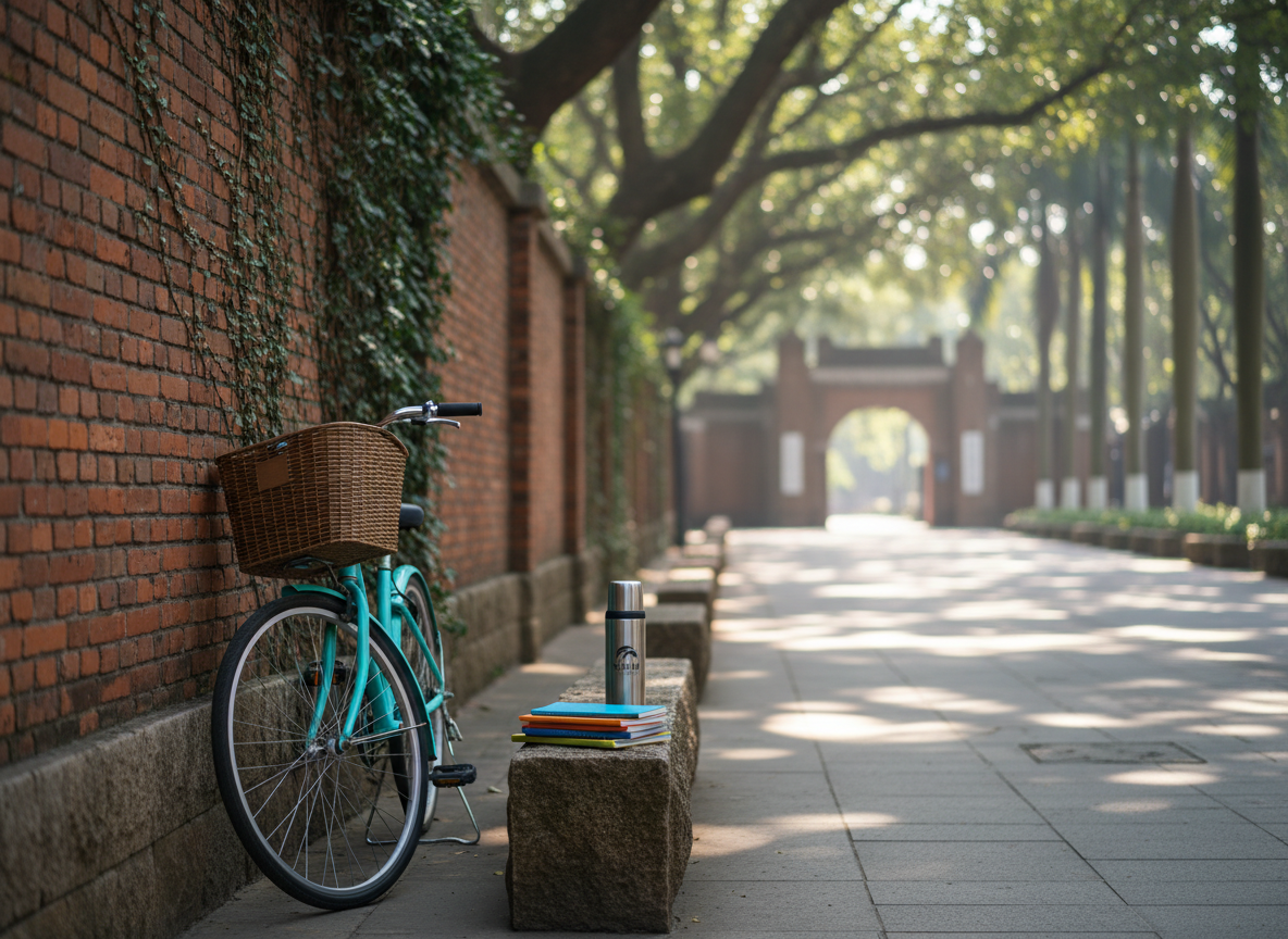 A sunlit corner of Xiamen University’s main campus avenue, where a bright turquoise bicycle with a woven rattan basket leans playfully against a brick wall covered with ivy. Nearby, a stack of colorful notebooks and a stainless steel thermos with XMU logo rests on a low stone ledge. Soft morning sunlight filters through leafy branches, creating dappled patterns on the smooth pavement. The mood is lighthearted and fresh, capturing the promise of a new day. Photographic realism, eye-level composition with the bicycle on the rule of thirds, shallow depth of field softly blurring the distant campus gates and palm trees, emphasizing everyday student life without showing any people.
