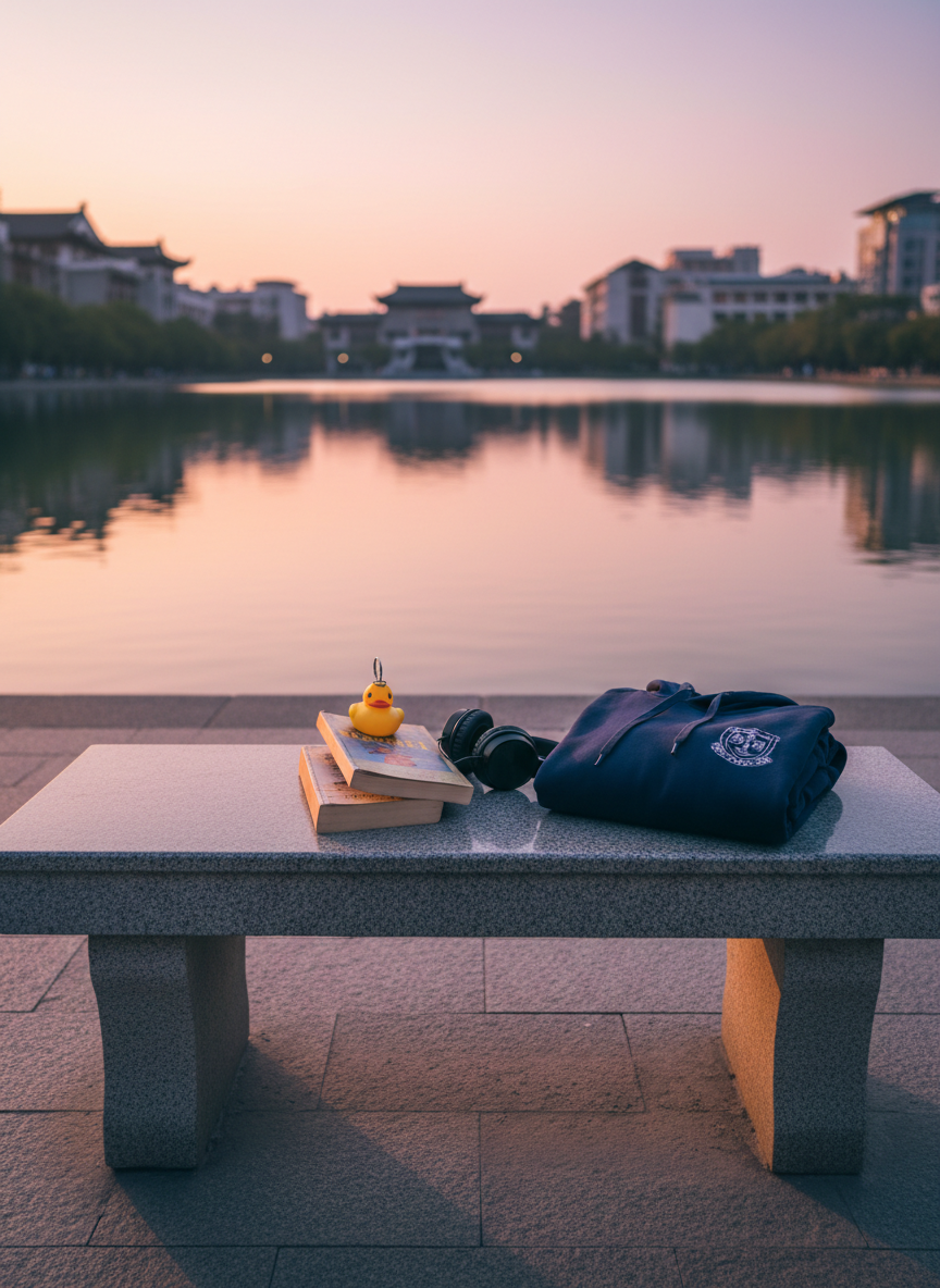 A quiet corner of XMU’s lakeside path at dusk, featuring a smooth stone bench facing the calm water of Furong Lake. On the bench rests a neatly folded navy-blue hoodie with an embroidered XMU crest, a half-read paperback novel, and a pair of wireless headphones. The lake reflects the soft pastel colors of the evening sky and the silhouettes of surrounding campus buildings. Gentle golden hour light grazes the bench and objects, creating warm highlights and soft, elongated shadows. The mood is serene, introspective, yet slightly playful with a small rubber duck keychain resting atop the book. Photographic realism, wide composition with the bench in the foreground and the lake receding into a softly blurred background.